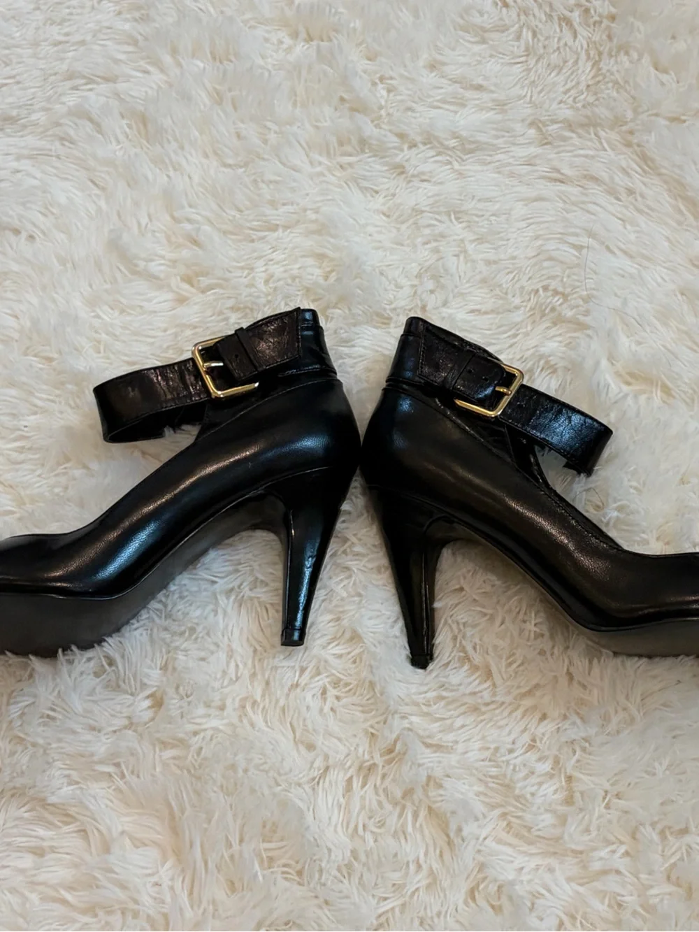 Nine West Black Pointed-Toe Ankle Strap Heels with Gold Buckles